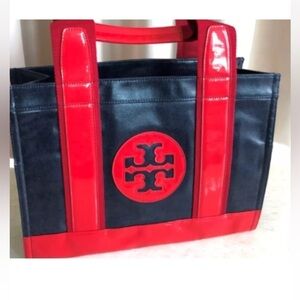 Tory Burch Large Purse Shoulder Bag Tote Black Red Logo Floral Lined Zip Pockets
